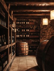 Poster - A rustic wine cellar features wooden barrels and shelves stocked with a variety of wine bottles for storage and aging. Generative AI