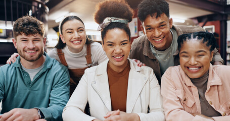 Poster - Learning, portrait and growth with student friends in library of university together for education or study. Development, diversity or smile with happy men and women on college campus for scholarship