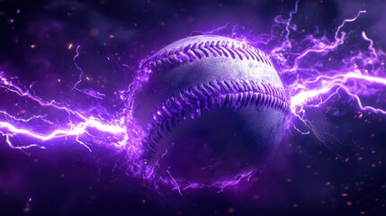 Wall Mural - Striking purple lightning bursts around a baseball, signifying the power and excitement of the game.