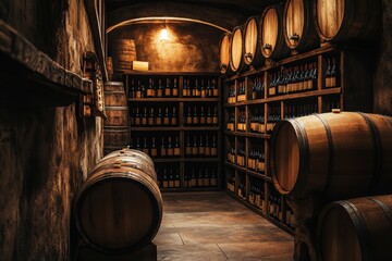 Poster - A cozy wine cellar featuring wooden barrels and shelves filled with bottles creating an inviting atmosphere for wine enthusiasts. Generative AI