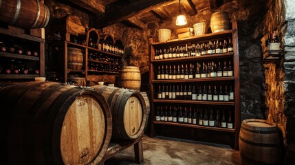 Poster - A rustic wine cellar showcasing wooden barrels and neatly arranged wine bottles on shelves for tasting or storage. Generative AI