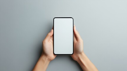 Poster - Woman hands using a smartphone with a blank white screen, isolated on a minimalist background.