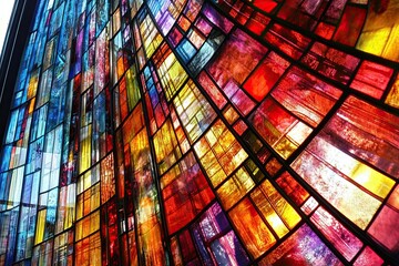 Poster - Colorful Abstract Stained Glass Showcasing Vibrant Light Patterns in a Modern Architectural Setting
