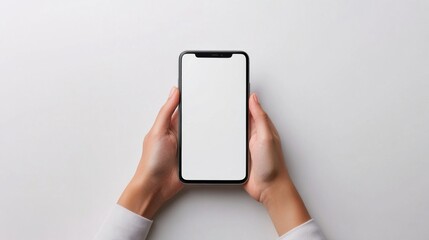 Poster - Woman hands using a smartphone with a blank white screen, isolated on a minimalist background.