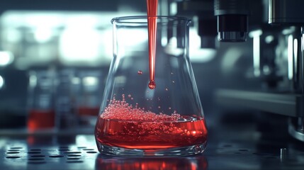 Poster - A red liquid is being poured into a glass beaker. The liquid is being dispensed from a dropper or pipette. Bubbles are forming in the liquid as it is being poured