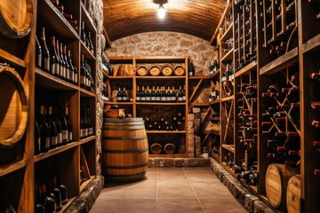 Poster - A cozy wine cellar showcasing wooden barrels and shelves brimming with assorted wine bottles in a rustic setting. Generative AI