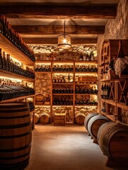 Poster - Explore a vintage wine cellar filled with wooden barrels and carefully arranged shelves stacked with wine bottles. Generative AI