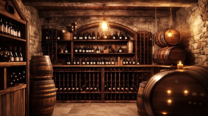Poster - Explore the rustic charm of a wine cellar filled with wooden barrels and shelves brimming with fine wine bottles. Generative AI