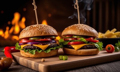 Juicy burgers, flame-grilled, sesame buns, fresh vegetables