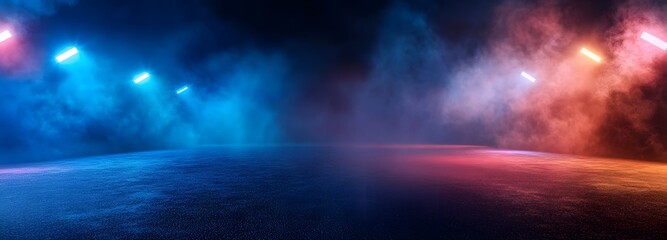 5. an immersive dark environment showcasing an asphalt street under a deep blue sky, with neon light