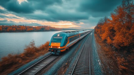 Red train moving along lake in beautiful mountain landscape.