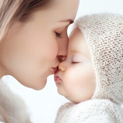 A mother kissing her baby's forehead, loving gesture, tender and caring, isolated on white background