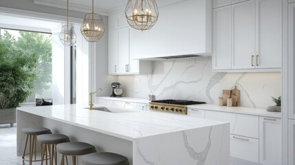 Aufkleber - A contemporary kitchen showcases a spacious layout with elegant marble countertops, sleek cabinetry, and stylish pendant lighting