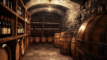 Poster - This inviting wine cellar features rows of wooden barrels and shelves brimming with carefully organized wine bottles, enhancing the rustic atmosphere