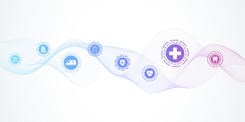 Wall Mural - modern health care banner template with flat icons. medical innovation concept for header, web banne