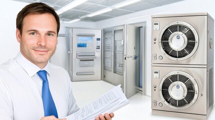 Poster - Professional with Documents in Modern Facility Environment