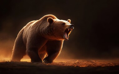 a striking image of a roaring brown bear illuminated by soft golden light, showcasing its formidable