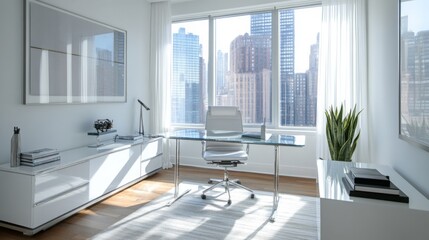 Poster - A bright and airy office features a sleek glass desk and stylish white furniture, illuminated by sunlight through large windows showcasing a stunning city skyline in the background.