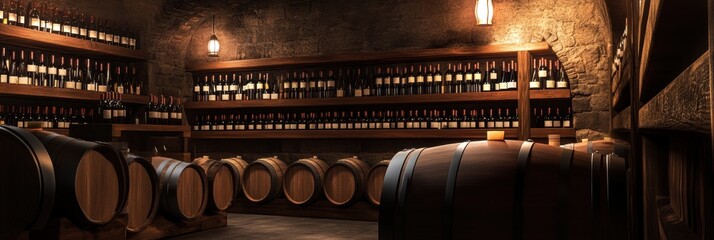 Poster - Explore the rustic wine cellar adorned with wooden barrels and bottles lining the shelves in a tranquil setting. Generative AI