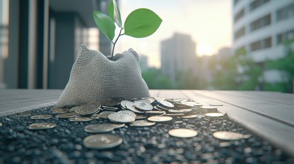 Growth of Investment with Coins and Green Plant