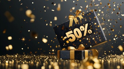 Poster - A striking black gift box displaying a large 50 percent discount sign sits amidst a shower of golden confetti, creating a festive atmosphere perfect for celebrations and holiday promotions.