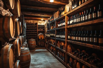 Poster - Explore a rustic wine cellar filled with wooden barrels and neatly arranged shelves of fine bottles. Generative AI