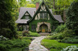 © gamespirit - A green and white English-style house with dark gray trim, in the woods surrounded by lush greenery and gardens, stone accents on exterior walls, a large front porch, a wooden roof with gables.