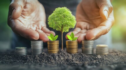 Eco-friendly financial assets posted on social media, hands protecting a growing tree and a stack of coins for an eco-friendly business concept of saving money with a natural environment background.