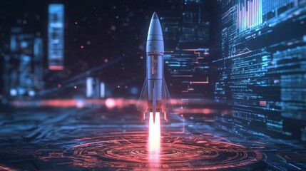 Poster - A rocket is taking off with bright flames and smoke, surrounded by a vibrant futuristic digital landscape and glowing city elements