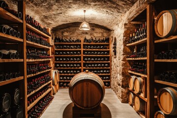 Poster - Explore a rustic wine cellar featuring oak barrels and shelves brimming with an assortment of meticulously arranged wine bottles. Generative AI