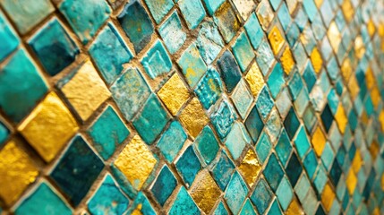 Poster - Close-up of blue and gold tile wall