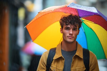 Handsome young man is holding a colorful umbrella while walking in the city on a rainy day