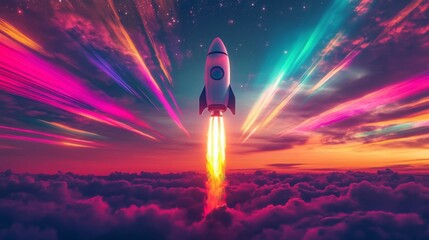 Poster - A white rocket with a round window is shown launching into the night sky. It is surrounded by a vibrant display of pink, purple, and green streaks of light, which create a dramatic backdrop