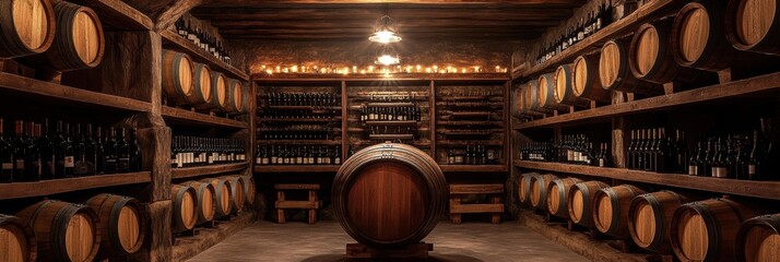 Poster - Explore a wine cellar adorned with wooden barrels and shelves brimming with fine wine bottles for a rich tasting experience. Generative AI