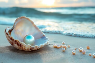 Seashells and pearls resting on the beach at sunset