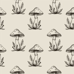 Wall Mural - Vector Esoteric Seamless Pattern with fly agaric, magical plants, mushrooms, nature in boho style. Hand drawn mystical abstract repeating background for textile, wrapping, card, print, packing, fabric