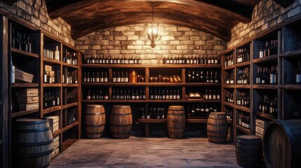 Poster - A rustic wine cellar showcasing wooden barrels and neatly arranged shelves filled with a variety of wine bottles. Generative AI