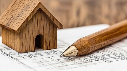 Poster - Wooden House Model on Architectural Blueprint Paper