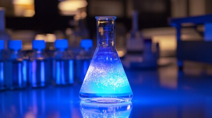 Poster - A laboratory flask contains a luminous liquid that radiates a blue glow, surrounded by various smaller bottles, highlighting a vibrant experimental atmosphere in the lab at night.