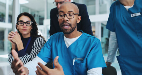 Aufkleber - people, medical team and support in collaboration, advice and discussion for surgery or patient reco