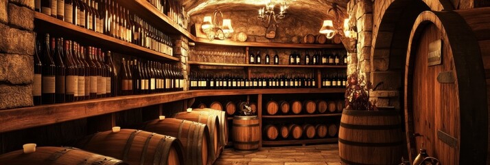 Poster - A rustic wine cellar featuring wooden barrels and neatly stacked shelves filled with fine wine bottles. Generative AI