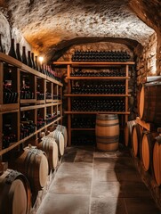 Poster - A beautifully arranged wine cellar featuring wooden barrels and neatly stacked shelves filled with various wine bottles. Generative AI