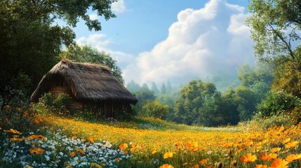 Poster - Thatched Hut in Wildflower Field