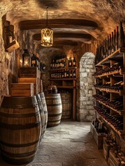 Poster - A rustic wine cellar featuring wooden barrels and neatly arranged shelves of wine bottles in a cozy underground space. Generative AI
