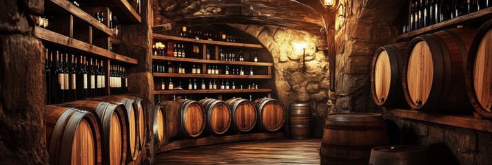 Poster - Explore a rustic wine cellar with wooden barrels and shelves brimming with fine wine bottles. Generative AI