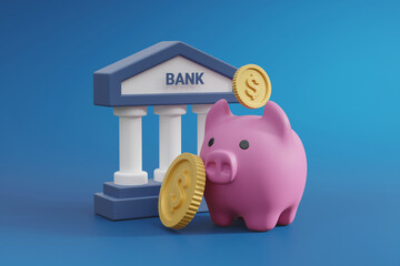 Canvas Print - 3D rendered illustration of concept of savings and safe deposit or investment and financial success with bank icon with piggy bank and dollar coins.