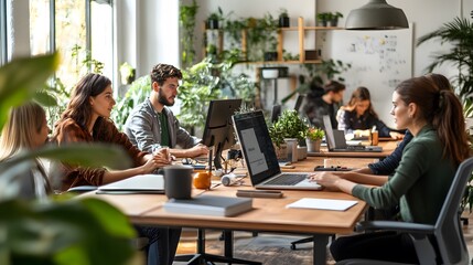 Poster - A group of people working at a table with laptops and a computer monitor