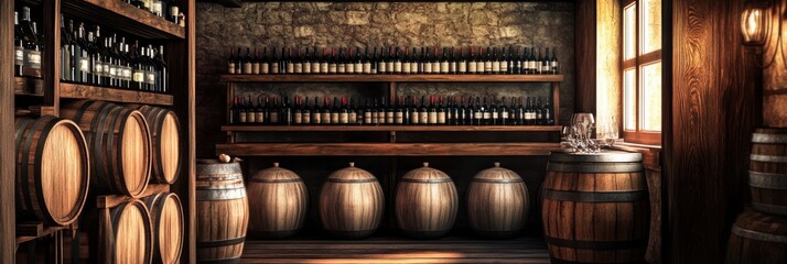 Poster - Explore a rustic wine cellar adorned with wooden barrels and shelves filled with exquisite wine bottles. Generative AI