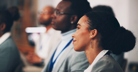 Poster - Business people, crowd and listening for conference, presentation and global seminar with diversity. Corporate event, convention and networking for collaboration, workshop and industry development