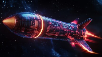 Fototapete - A sleek, futuristic rocket propelled through a vibrant cosmic landscape filled with stars and nebulas. The craft features intricate designs and emits bright, colorful lights against a dark backdrop.